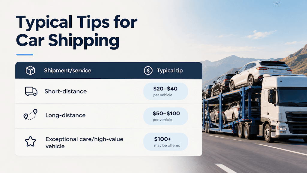 Car shipping tips by distance and vehicle value: $20–$40 for short trips, $50–$100 for long trips, and $100+ for exceptional care.