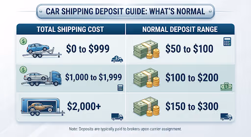 An infographic titled "CAR SHIPPING DEPOSIT GUIDE: WHAT'S NORMAL" presented as a three-row table. The left column, "TOTAL SHIPPING COST," shows ranges: "$0 to $999," "$1,000 to $1,999," and "$2,000+," each with a corresponding icon of a car on a trailer, a standard hauler, and an enclosed hauler. The right column, "NORMAL DEPOSIT RANGE," shows the corresponding deposit amounts: "$50 to $100," "$100 to $200," and "$150 to $300," each accompanied by stacks of cash and coins. A footer note reads: "Note: Deposits are typically paid to brokers upon carrier assignment."